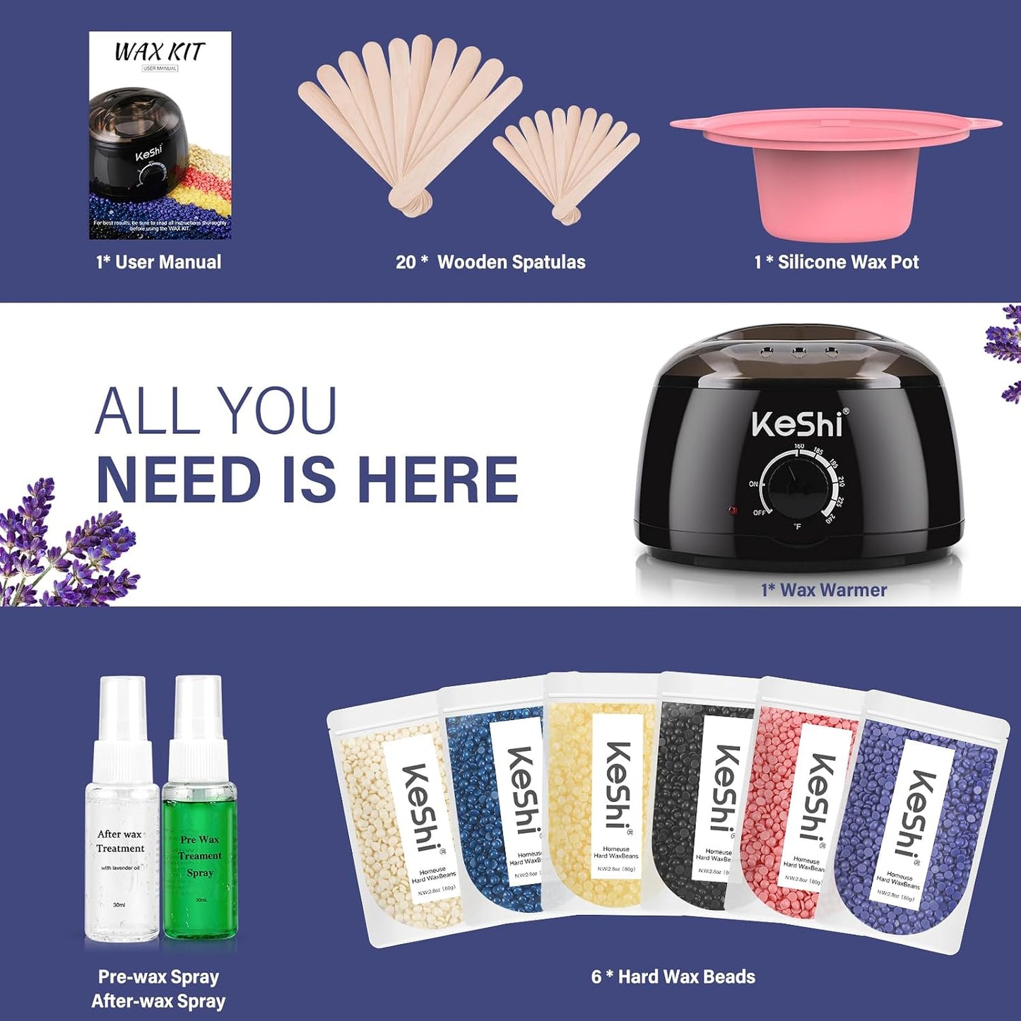 KeShi Waxing Kit, Painless Hair Removal Wax Warmer with 6 Bags Hard Wax Beans for Full Body, Legs, Face, Eyebrows & Bikini— Ideal for Both Women & Men