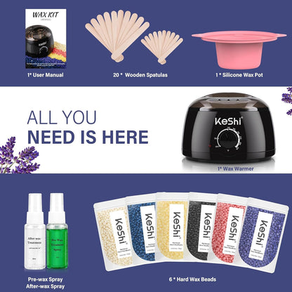 KeShi Waxing Kit, Painless Hair Removal Wax Warmer with 6 Bags Hard Wax Beans for Full Body, Legs, Face, Eyebrows & Bikini— Ideal for Both Women & Men