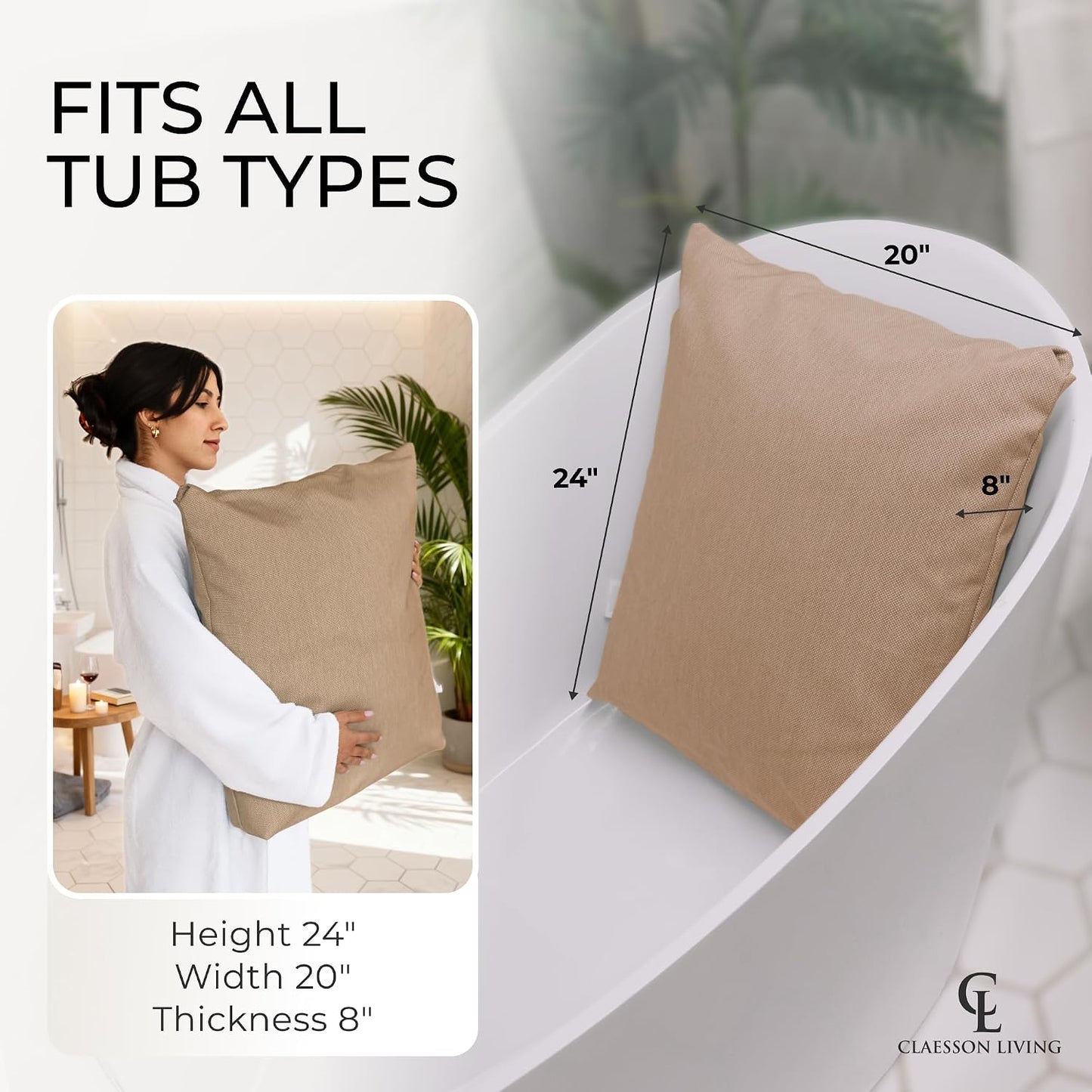 Luxury Bath Pillow for Tub - Thick and Comfortable Bathtub Pillow Support for Head and Neck and Back - Washable Quick-Drying Bath Pillows - Bath Cushion for Home Spa - Fits Any Bathtub - Light Gray