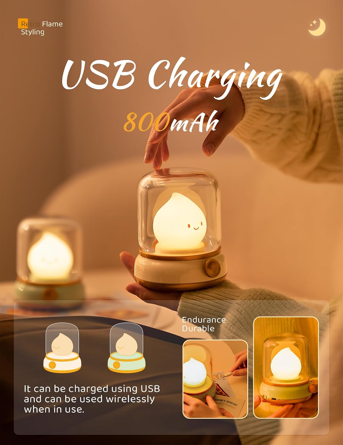WANIDEA Flameless Candles Lamp, Led Candles,Cute Kerosene Lamp,Silicone Flame Amber Light,Adjustable Dimmable Rechargeable Night Light for Kids,Girls,Teenager Kids Bedroom Christmas