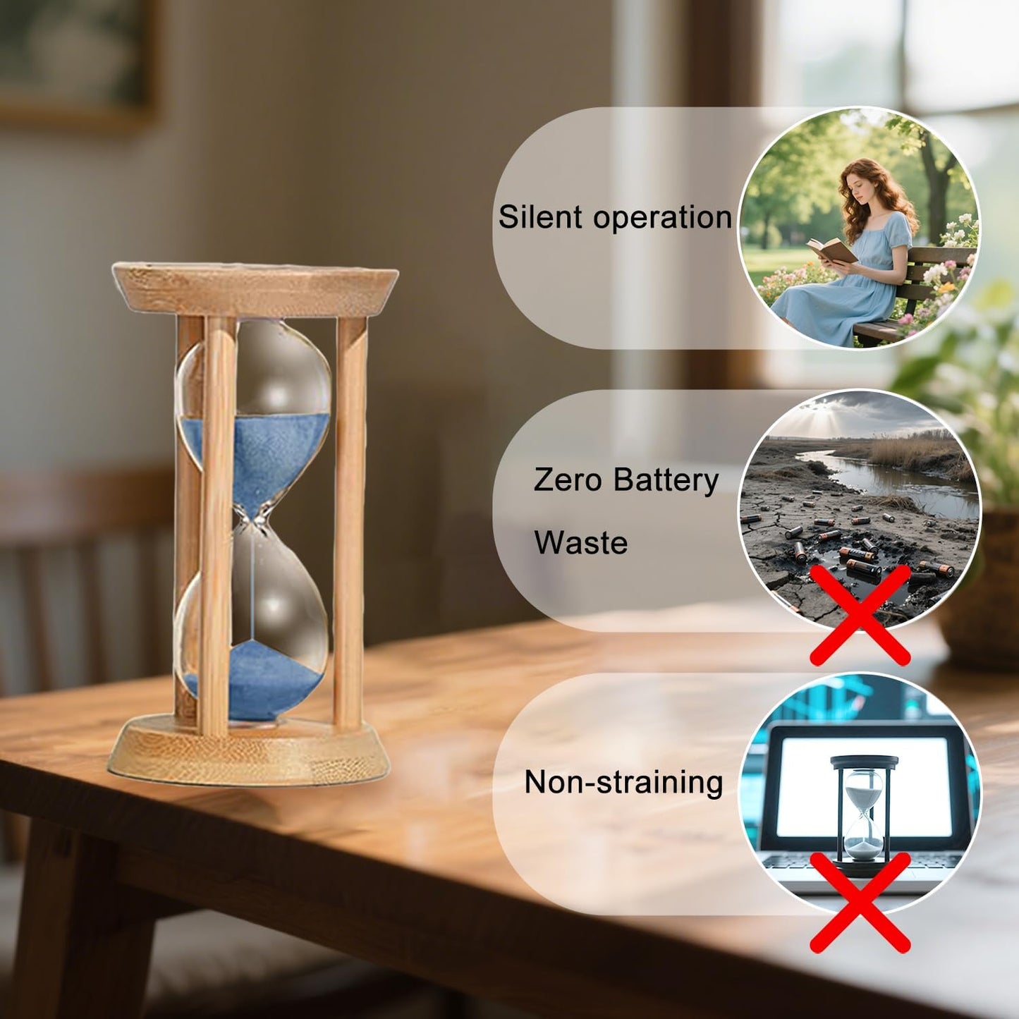 Hourglass 15 Minute,Wood Sand Timer 15 Min, Unbreakable Sandglass,Sand Watch for Study,Yoga,Cooking,Desk Decor & Gift,White