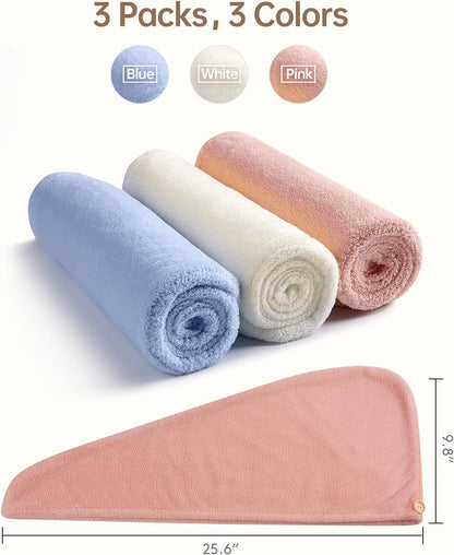 YFONG 3 Pack Microfiber Hair Towel Wrap for Women Girls, Super Absorbent Turban Towels for Drying Wet Hair, Anti Frizz Head Towels for Curly All Hair Style, Turbie Twist (Blue, Pink, White)