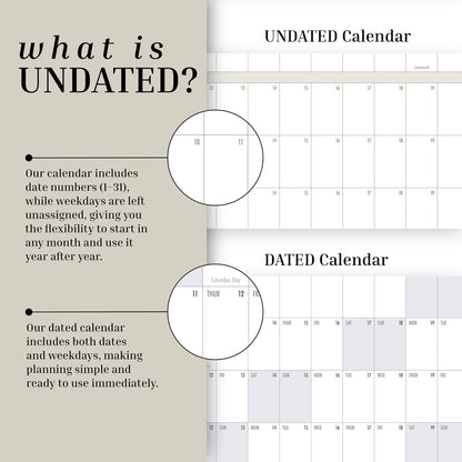 ETERNA GOODS Undated Giant Wall Calendar | 4ft x 3ft Full-Year Dry Erase Planner Start Anytime, Own The Year Jumbo Whiteboard Wall Calendar, Includes Markers, Stickers & Mounting Kit, for Home or Office