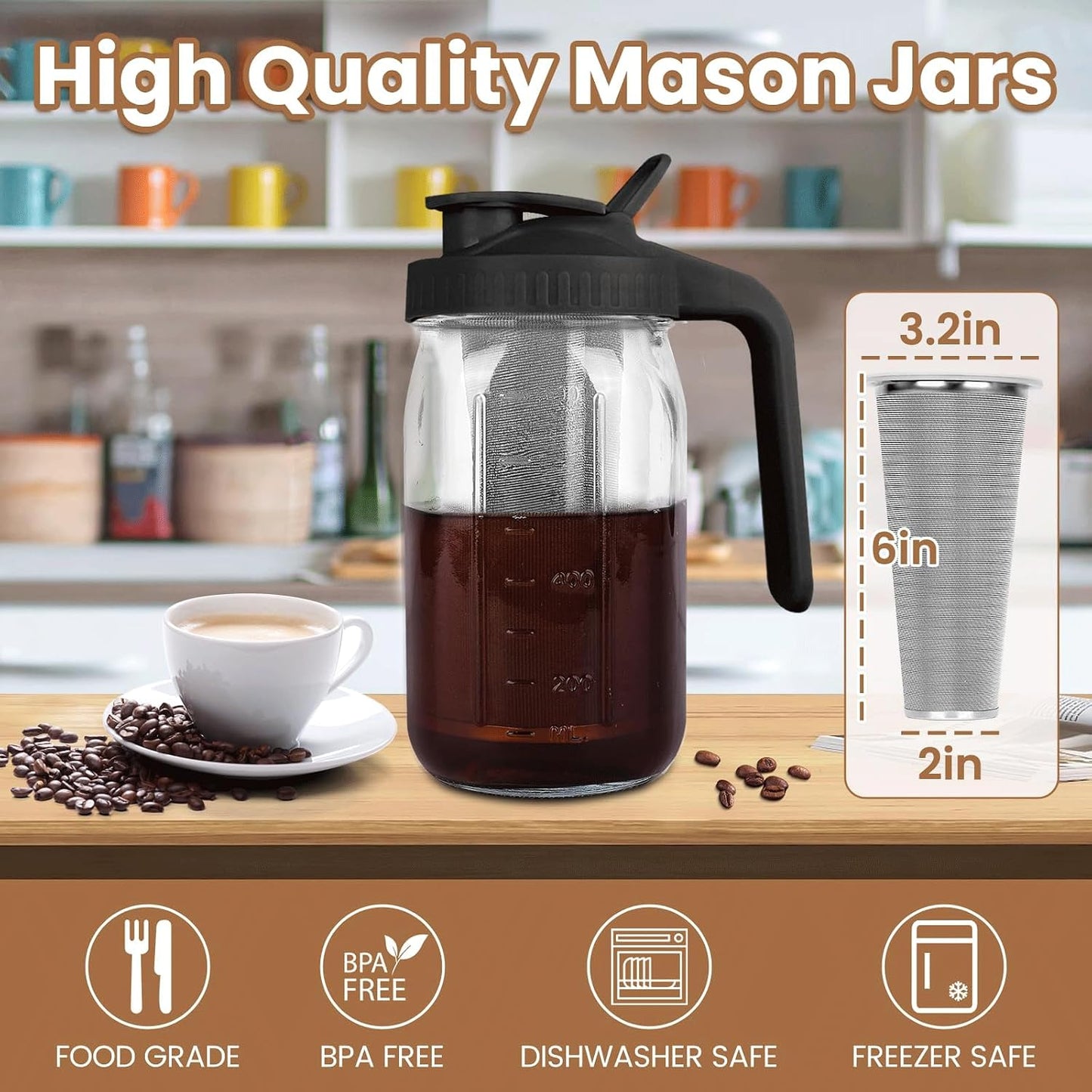 Cold Brew Coffee Maker,64 oz Mason Jar Pitcher with Stainless Steel Filter, Pour Spout Handle Lid, Heavy Duty Glass Airtight & Leak-Proof for Iced Coffee,Tea & Lemonade