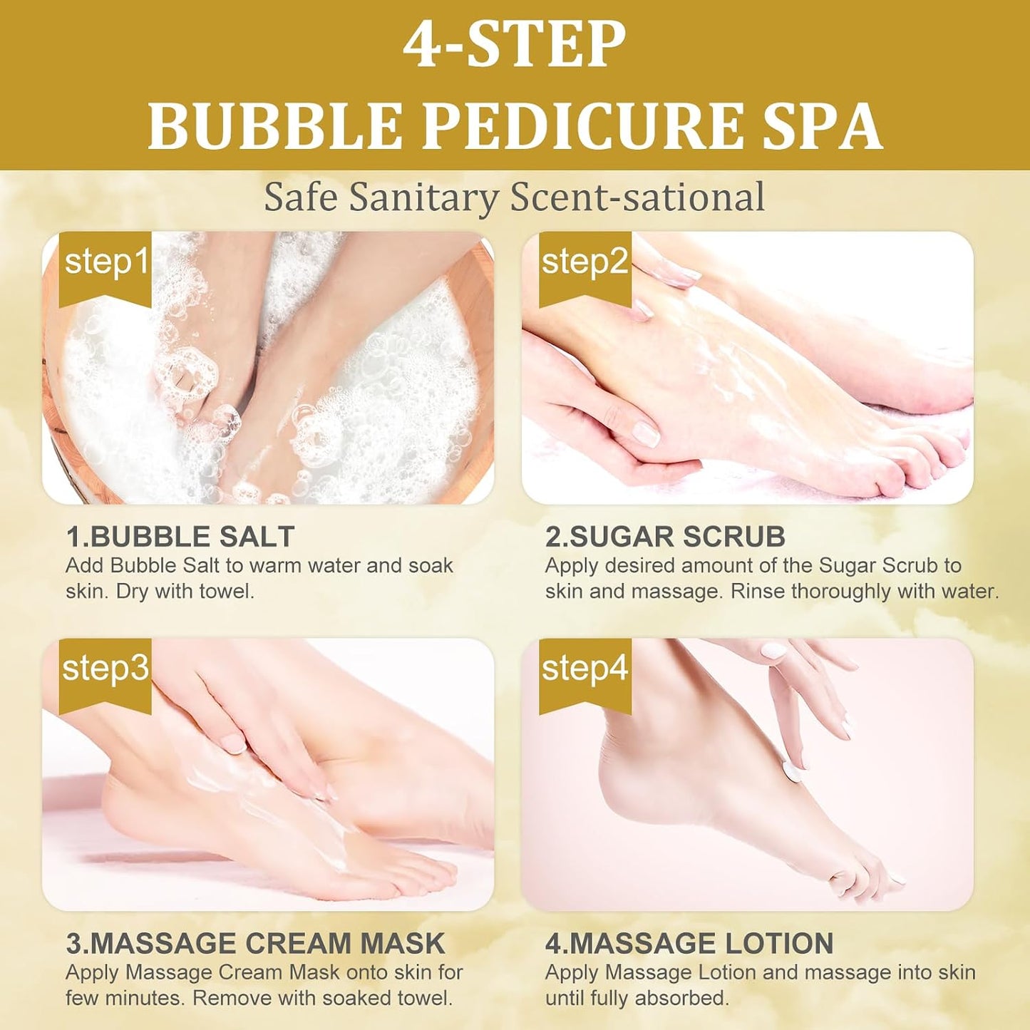 Pedicure Kit Foot Soak Set: Bubble Salt, Sugar Scrub, Massage Mask, Massage Lotion in a Box, 4 Step Foot Spa Kit for Dry Feet, Softens Calluses, Tired Feet（3 Set Lavender) - Colors B
