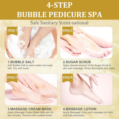 Pedicure Kit Foot Soak Set: Bubble Salt, Sugar Scrub, Massage Mask, Massage Lotion in a Box, 4 Step Foot Spa Kit for Dry Feet, Softens Calluses, Tired Feet（3 Set Lavender) - Colors B