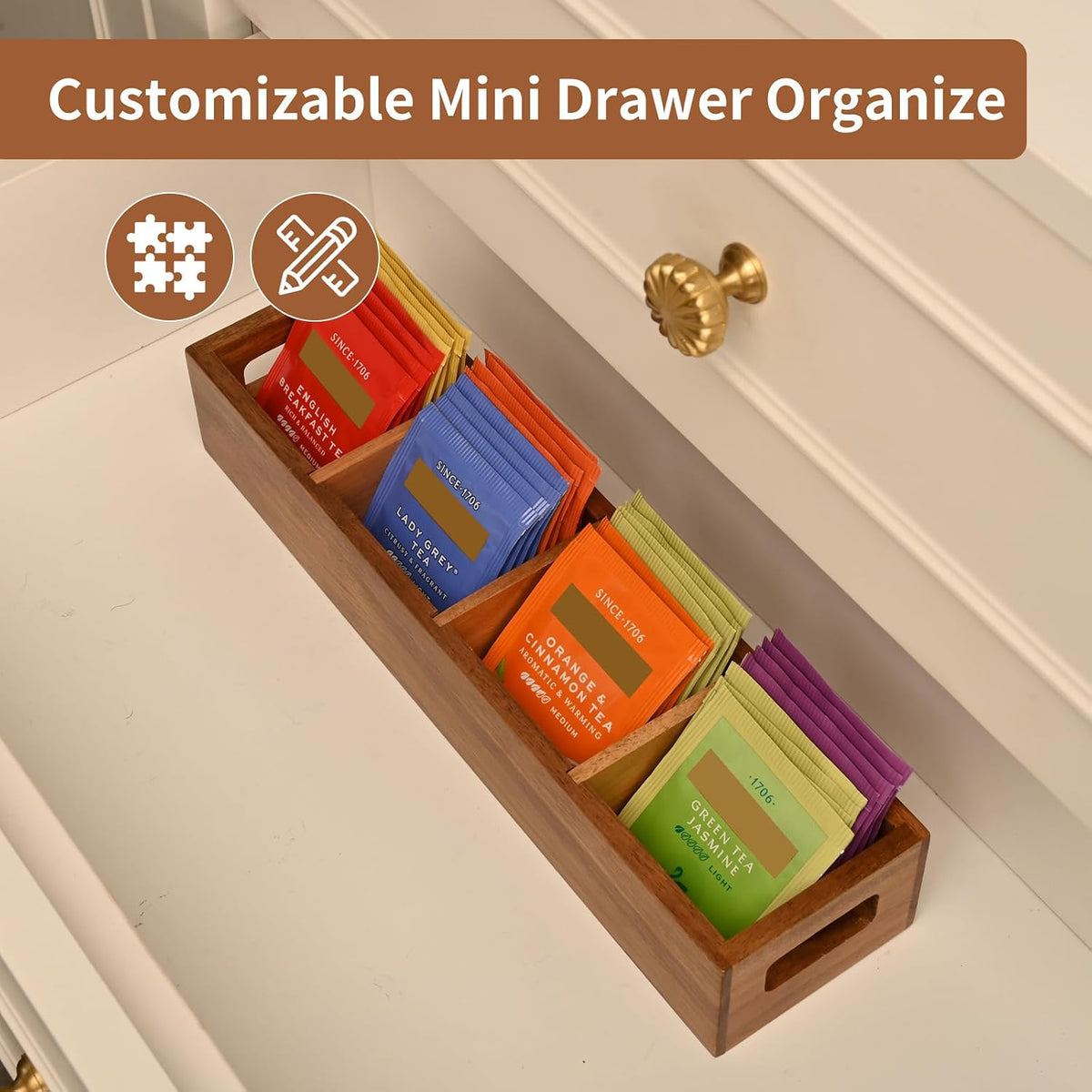 Acacia Wood Tea Bag Organizer with 4 Slots – Tea Bag Holder and Tea Organizer, Sugar Packet Storage for Countertops