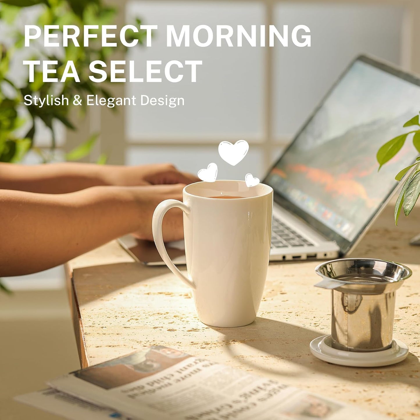 Sweese 15oz Porcelain Tea Mug with Infuser and Lid – Microwave Safe, Ergonomic Handle, Lead-Free Glaze, for Loose Leaf Tea