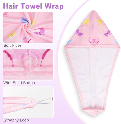 Unicorn Castle Microfiber Hair Towel for Kids 2Pack Hair Wrap Towels Absorbent Hair Drying Towel Wrap Hair Turbans for Curly Thick Hair, Pink White Strawberry