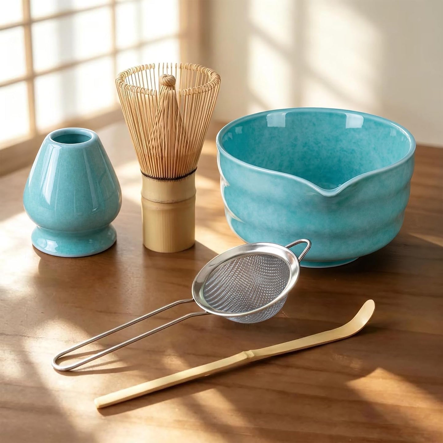 Matcha Whisk Set with Ceramic Bowl - Complete Matcha Making Kit, Bamboo Whisk (Chasen), Whisk Holder, Matcha Powder Sifter, Scoop, Japanese Tea Ceremony Tools（Green）