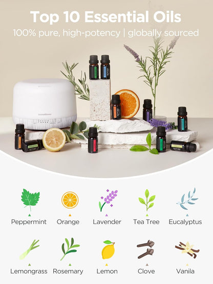 InnoGear Aromatherapy Diffuser & 10 Essential Oils Set, 500ml Essential Oil Diffuser with Remote Control Mother's Gift Ultrasonic Cool Mist Scent Humidifier Vaporizer Auto-Off Timer for Home, Yellow