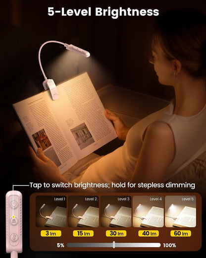 Glocusent 13 LED Reading Lights for Books in Bed, Eye-Caring Rechargeable Book Light 3 Amber Colors & Stepless Dimming, 120 Hrs Runtime, Travel Clip on Reading Lamp, Gifts for Book Lover Men Women Kid