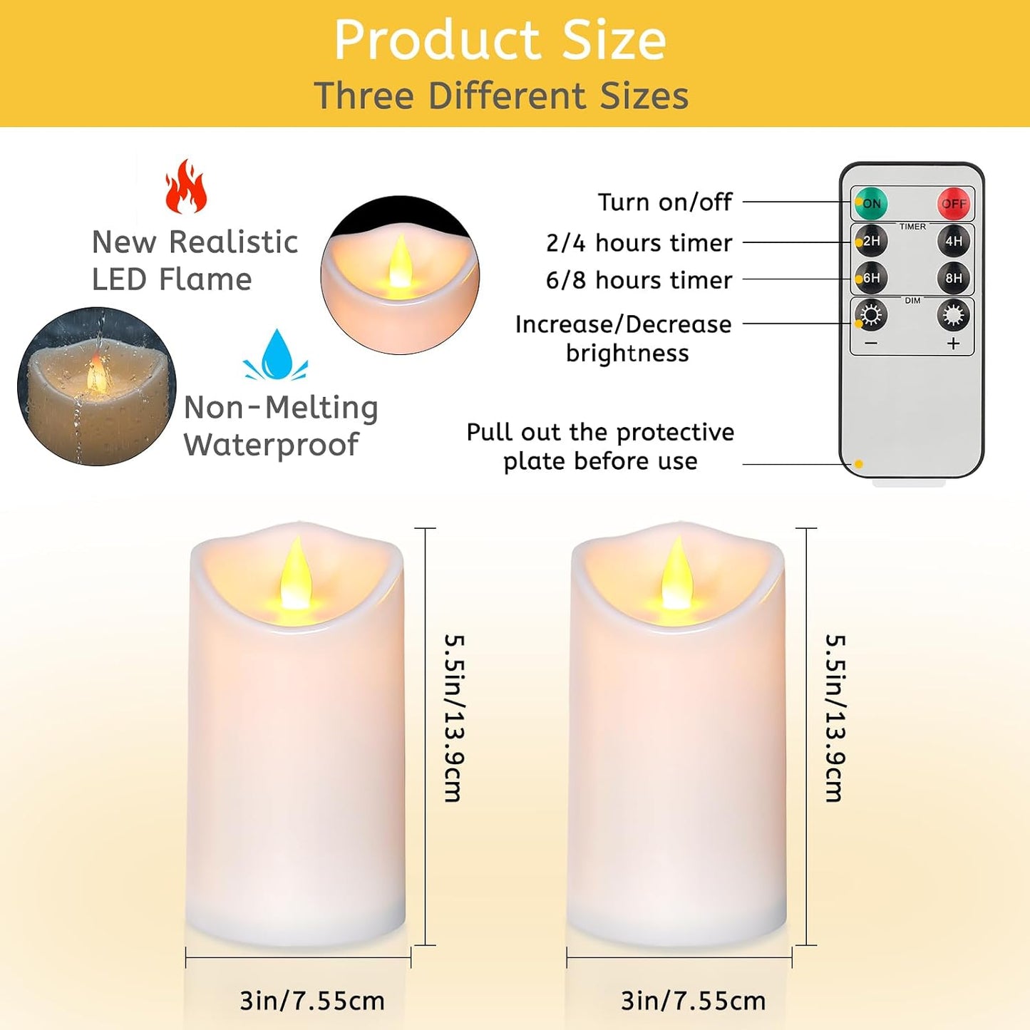 Flameless Candles 4" 5" 6" Outdoor Indoor Pillars Battery Operated Flickering Candles Include 10-Key Remote Timer 400+ Hours by 2 AA Batteries (Ivory Candle - Warm light, 3"D x 4"|5"|6" H - 3 Pack)