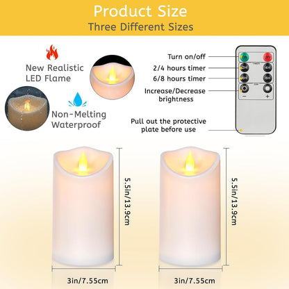 Flameless Candles 4" 5" 6" Outdoor Indoor Pillars Battery Operated Flickering Candles Include 10-Key Remote Timer 400+ Hours by 2 AA Batteries (Ivory Candle - Warm light, 3"D x 4"|5"|6" H - 3 Pack)