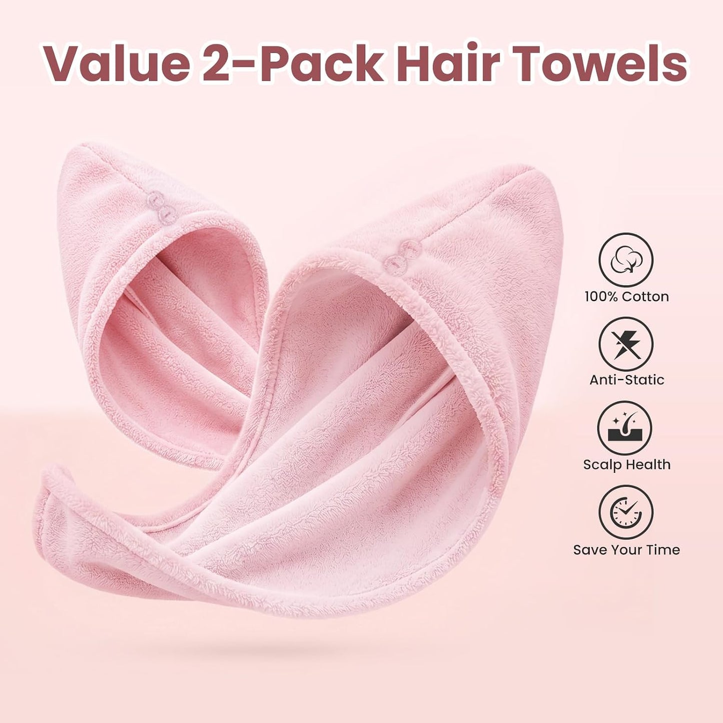 Mandydov 100% Cotton Hair Towel Wrap for Women, 2 Pack Thickened & Super Absorbent Turbans, Anti Frizz Quick Dry Hair Towels (Blue, Pink Blush)