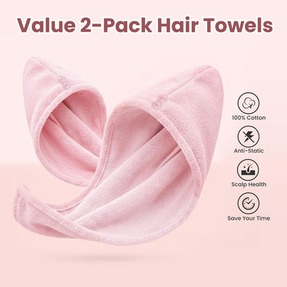 Mandydov 100% Cotton Hair Towel Wrap for Women, 2 Pack Thickened & Super Absorbent Turbans, Anti Frizz Quick Dry Hair Towels (Blue, Pink Blush)