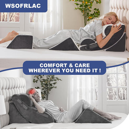 4PCS Orthopedic Bed Wedge Pillow Set for Sleeping, Post Surgery Foam Support Pillows for Back, Neck and Leg Pain Relief, Adjustable Triangle Pillow – Acid Reflux, GERD & Snoring Recovery, White Grey