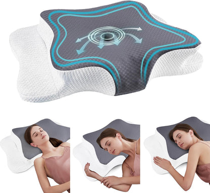 CHxxy Cervical Neck Pillow for Pain Relief Sleeping, Memory Foam Pillows, Ergonomic Side Sleeper Pillows, Cooling Orthopedic Neck Support Pillow for Back Stomach Sleepers-Queen Size Grey&Grey
