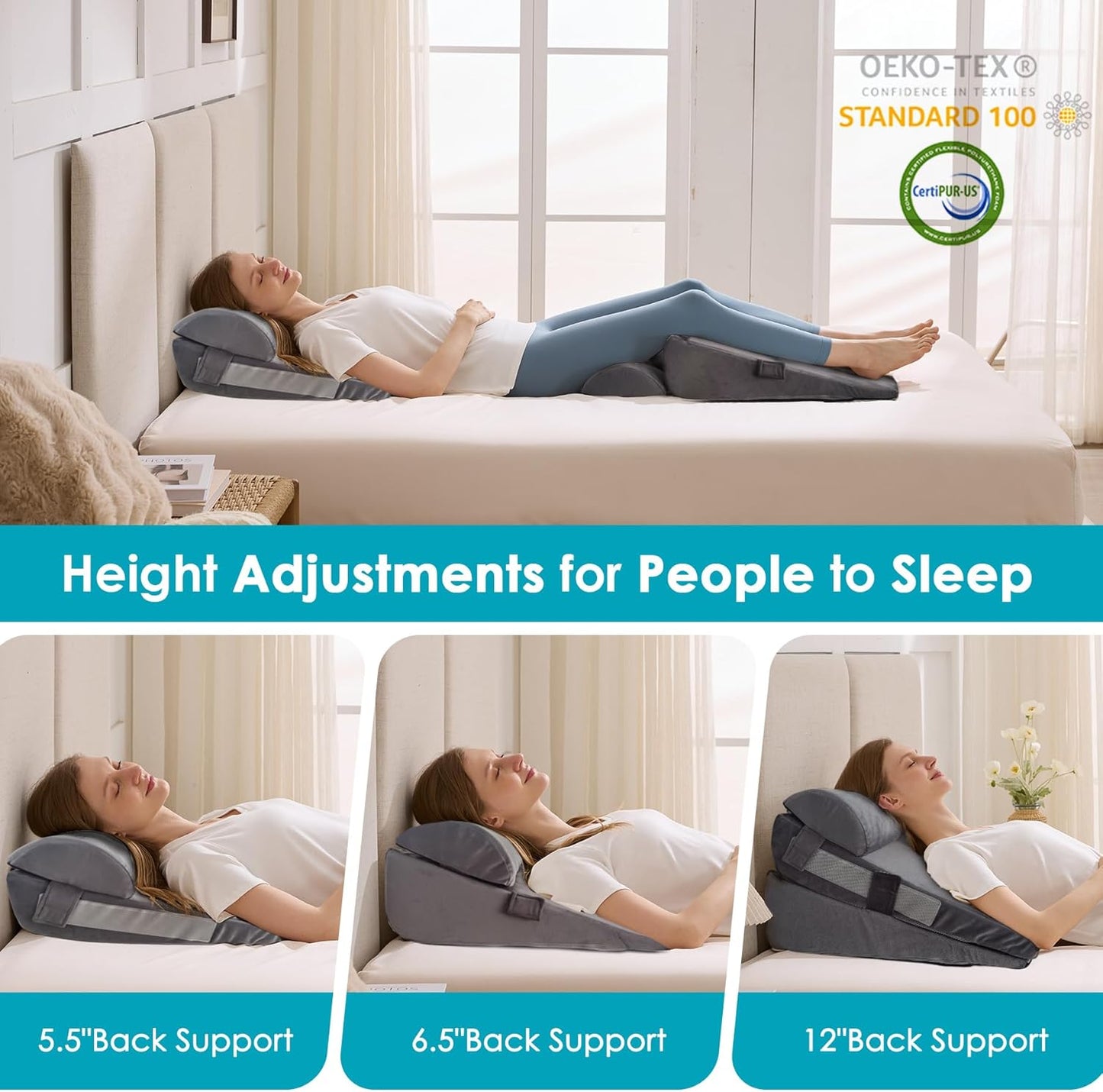 3Pcs Wedge Pillow Set for After Surgery,Acid Reflux Relief, Adjustable Bed Wedge Pillows for Sleeping,Anti Snore, Memory Foam Triangle Pillow for Back&Neck&Shoulder Pain Relief, White&Grey