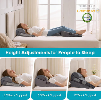 3Pcs Wedge Pillow Set for After Surgery,Acid Reflux Relief, Adjustable Bed Wedge Pillows for Sleeping,Anti Snore, Memory Foam Triangle Pillow for Back&Neck&Shoulder Pain Relief, White&Grey