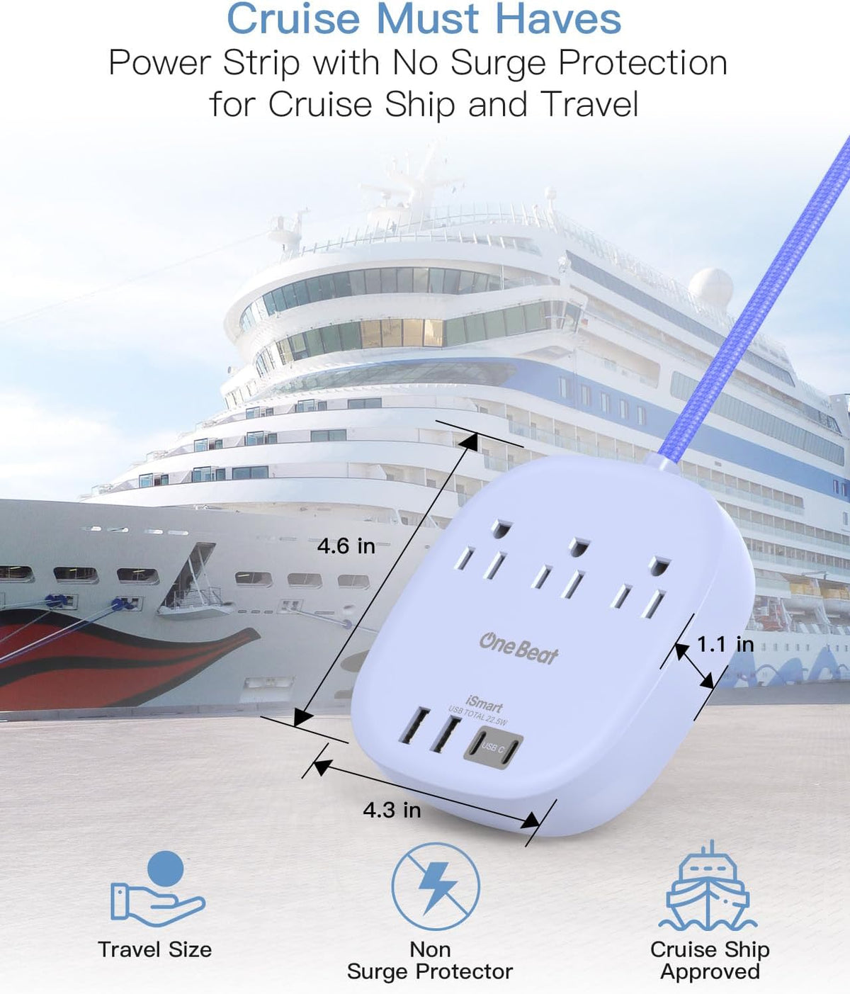 Travel Essentials, 22.5W/4.5A Flat Plug Power Strip, 6 Ft Extension Cord
