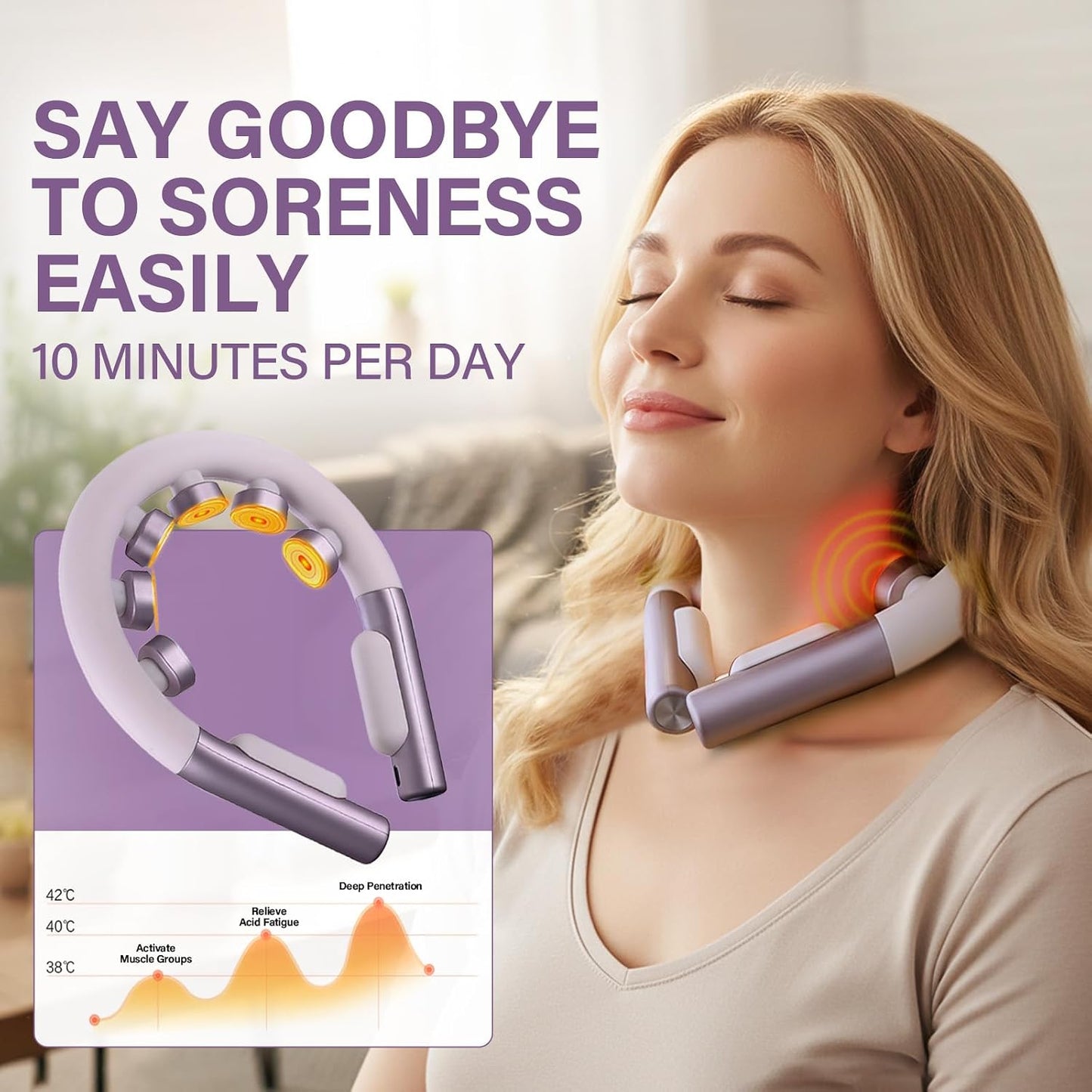 Neck Massager for Pain Relief Deep Tissue with Heat and 10 Massage Patterns & 16 Intensity Steps, Gift for Home or Travel, Purple
