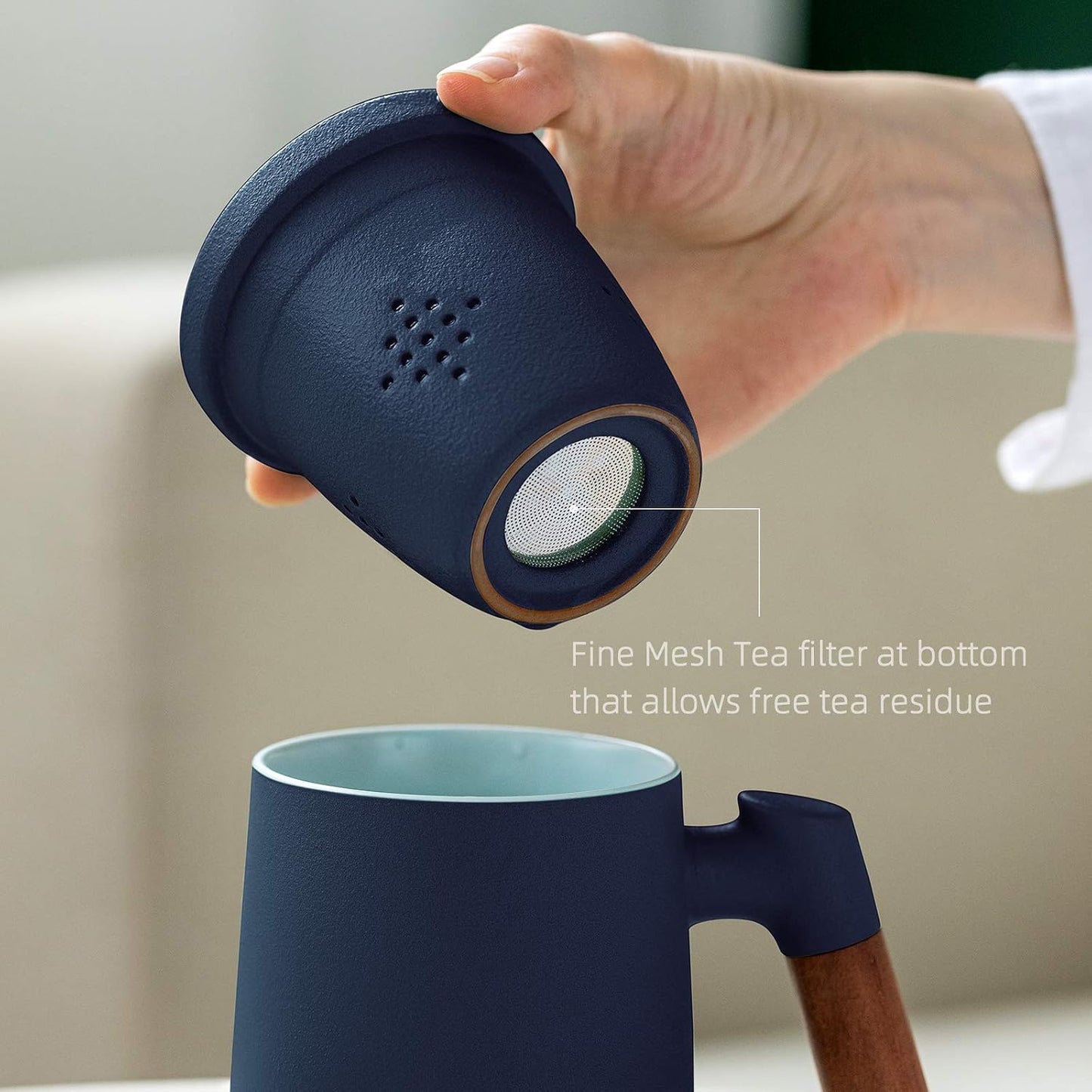 ZENS Embossed Ceramic Tea Mug with Infuser and Lid, 14.5 oz Wooden Handle, Loose Leaf Tea Steeper Cup & Strainer for Tea Lovers Gifts