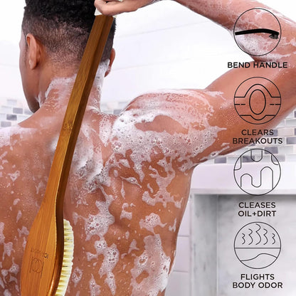 ICANdOIT-17.71Inch Natural Boar Bristles Anti-Slip Long Handle Bath Brush,Bent Handle Shower Scrubber for Exfoliating,Shower Back Brush,Exfoliation Set with Pumice Stone (1 Pack)