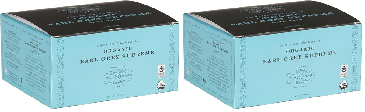 Harney & Sons Organic Earl Grey Supreme | Box of 50 Organic Earl Grey Tea Bags with Black Tea & Bergamot Oil, Individually Wrapped Teabags (Pack of 2)