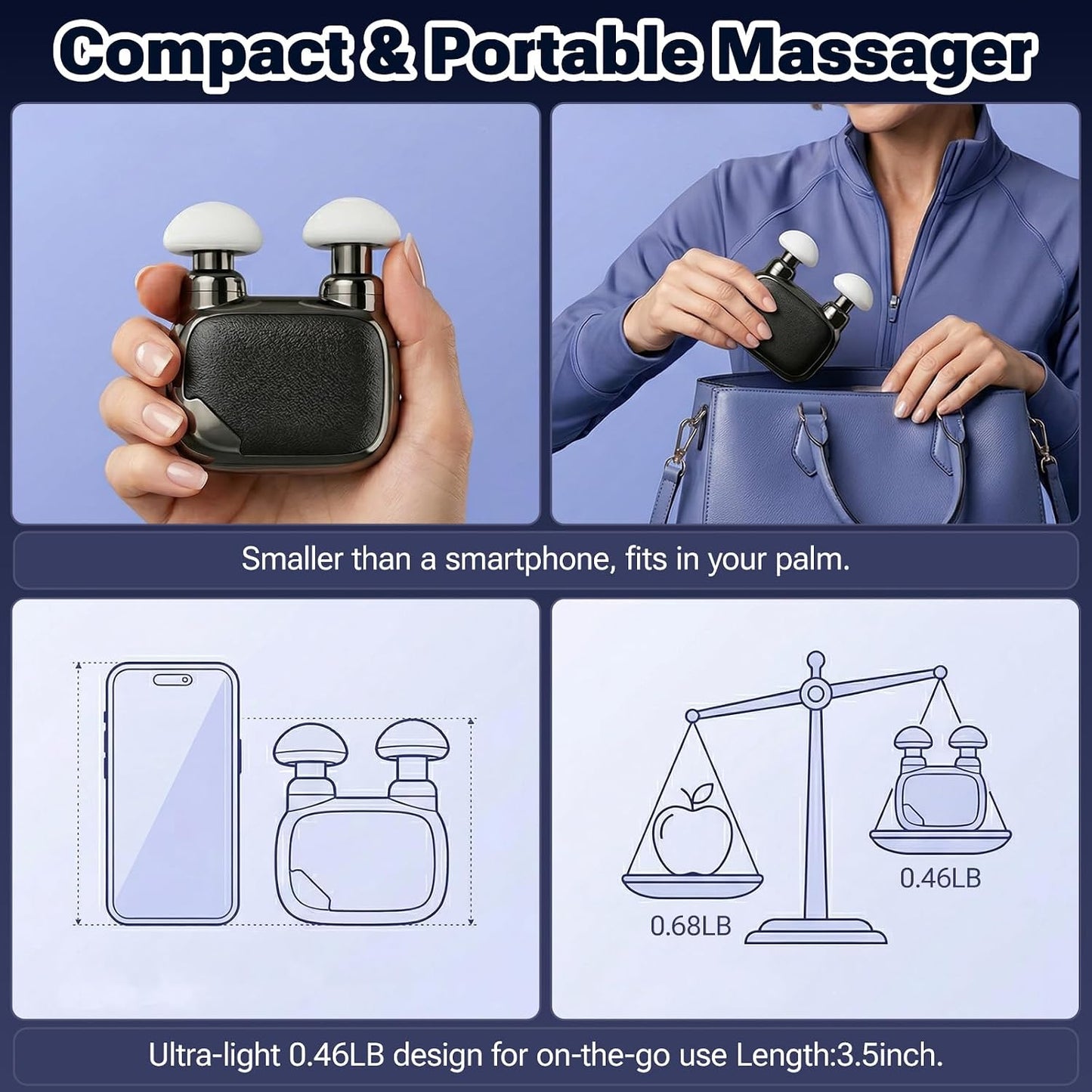 Pocket Massage Gun, Dual Heads Mini Muscle Massager with Brushless Motor, 3 Massage Heads, Portable Deep Tissue Massager for Travel, Gym, Gifts for Men Women Dad Mom