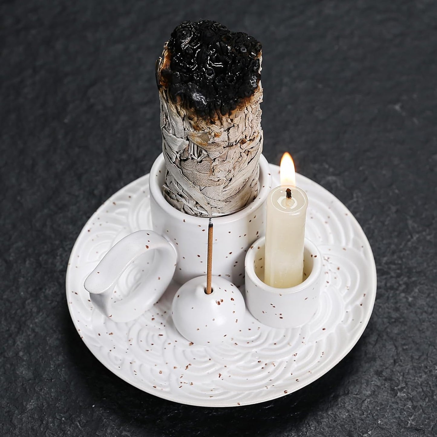 4 in 1 Ceramic Incense Burner Holder with Handle for Burning Sage, Palo Santo Stick, Joss Sticks, Candle in Your New House, Office, Yoga, Meditation Room (Speckled Blue)