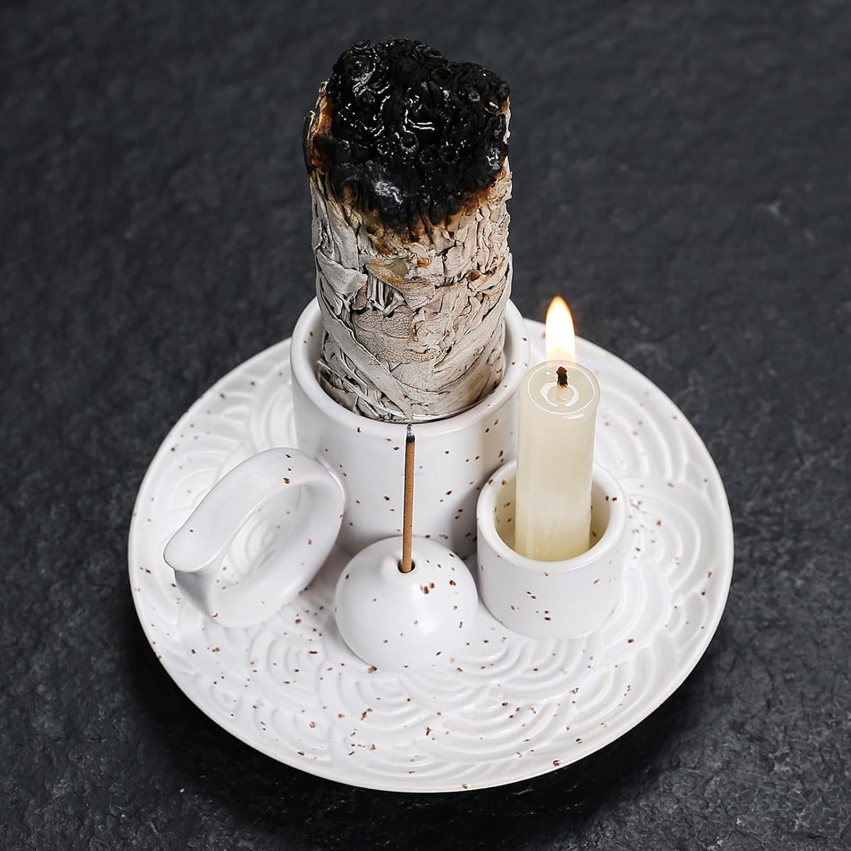 4 in 1 Ceramic Incense Burner Holder with Handle for Burning Sage, Palo Santo Stick, Joss Sticks, Candle in Your New House, Office, Yoga, Meditation Room (Speckled Blue)