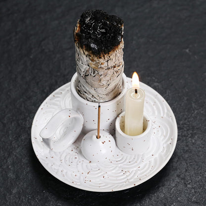 4 in 1 Ceramic Incense Burner Holder with Handle for Burning Sage, Palo Santo Stick, Joss Sticks, Candle in Your New House, Office, Yoga, Meditation Room (Speckled Blue)