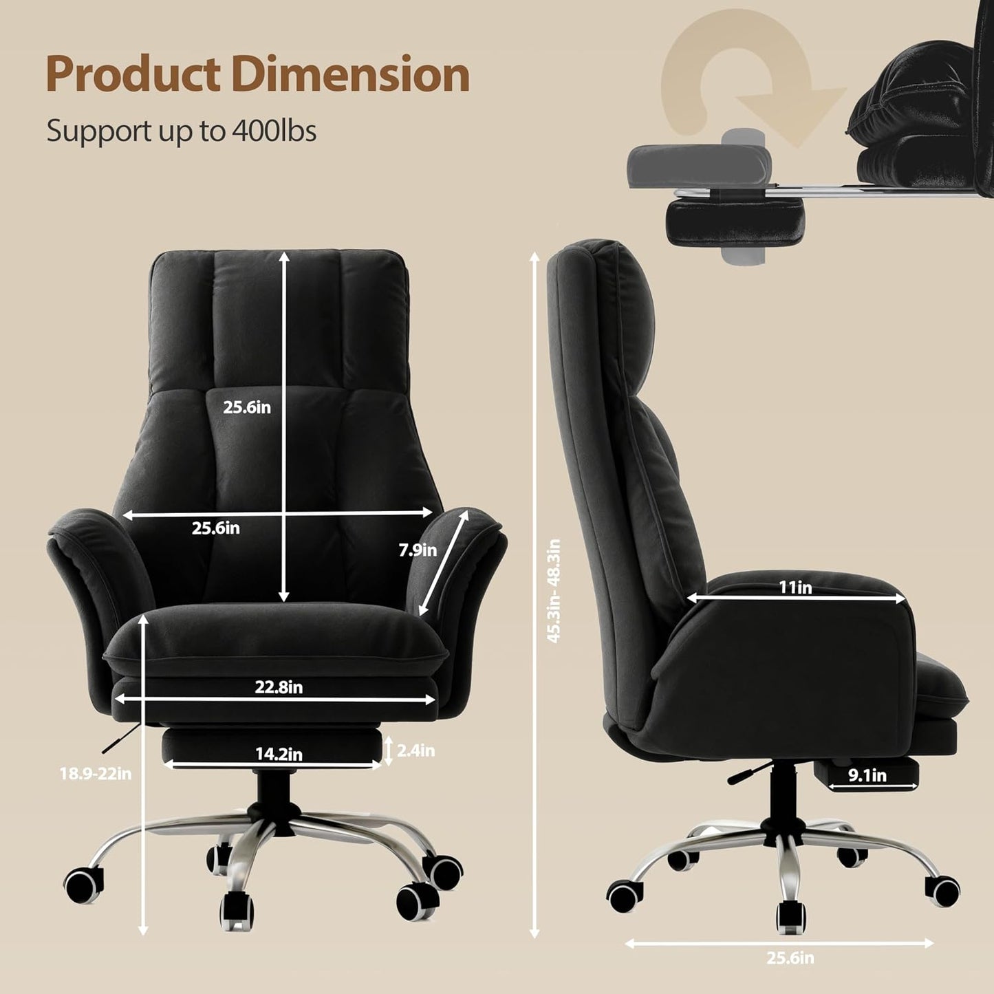 Big and Tall Office Chair, Flip Armrests for Pets & Cross Legged Sitting, Executive Ergonomic Computer Gaming Chair with Foot Rest, Teddy Fleece Wide Seat Reclining Desk Chair, White Vanity Chair