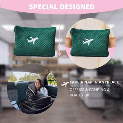 3 in 1 Travel Blanket Pillow Set - 350 GSM Thick Travel Blanket Airplane Compact with Bag, Soft Bag with a Pocket, Inflatable Travel Pillow for Camping & Car Trip(Mint Green)