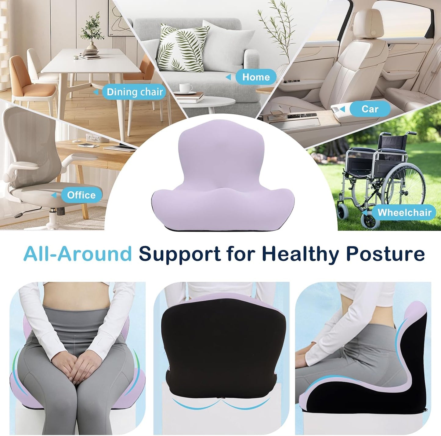 Seat Cushion for Office Chair and Car, L-Shaped Ergonomic Car Seat Cushions, Memory Foam Chair Cushion, Lumbar Support Pillow for Wheelchair, Car, Home, Office, Desk, Black
