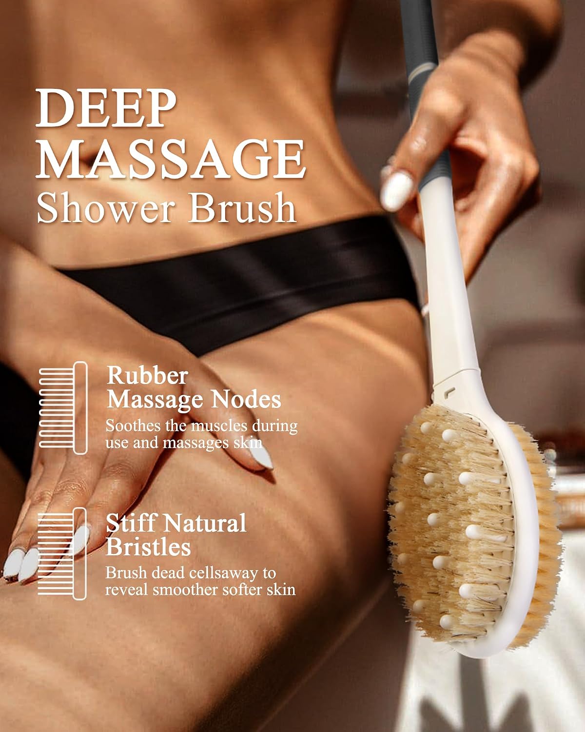 Dry Brushing Body Brush for Massage - Natural Boar Bristle Exfoliating Brush with Massage Nodes for Lymphatic Drainage, Cellulite, Blood Circulation Improving Skin Health for Women Men Elderly(Grey)
