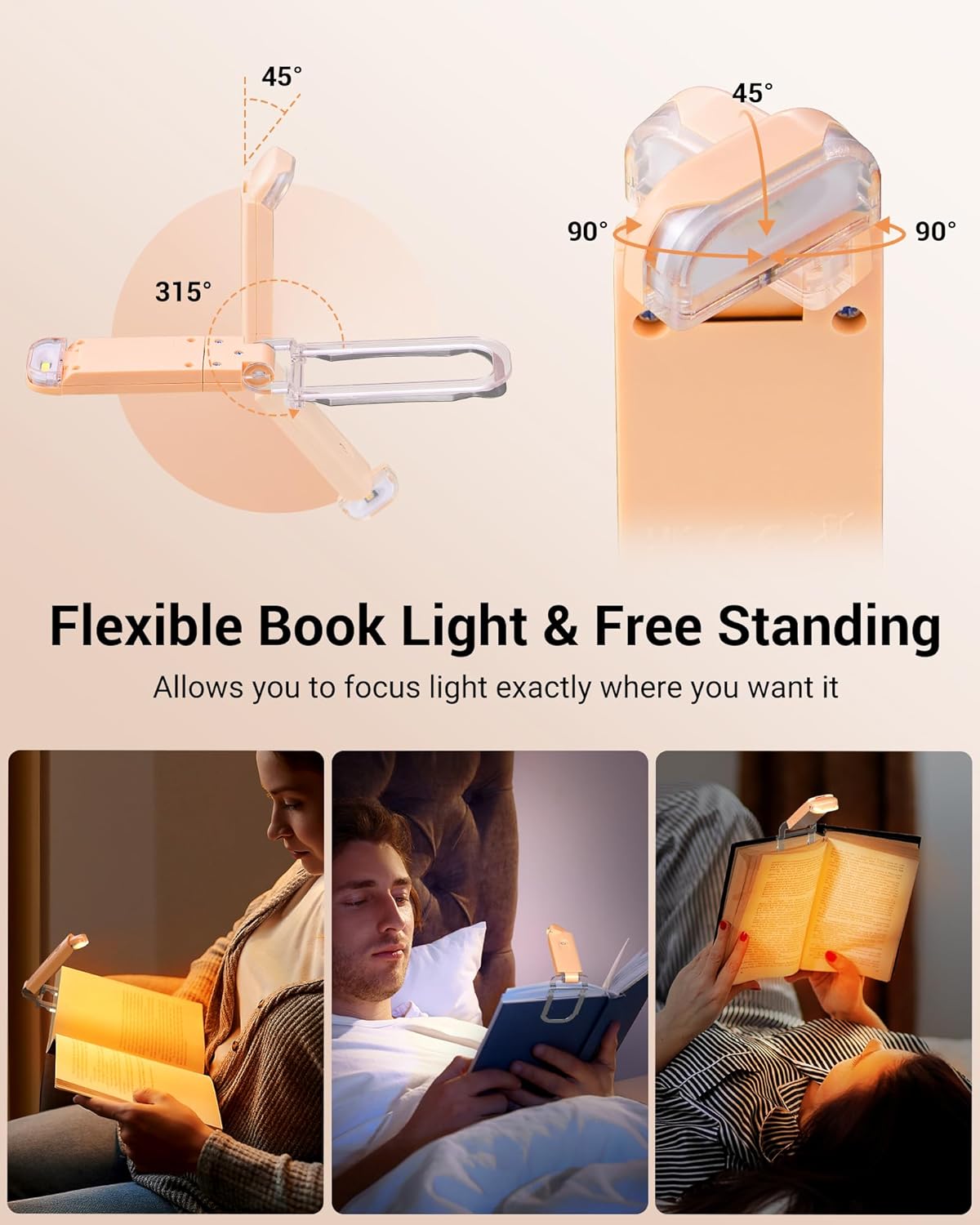 DEWENWILS Book Reading Light, USB Rechargeable Booklight for Reading at Night, LED Clip On Book Lights for Kids, Bookworms, Blue Light Blocking, Amber + Warm White (Green)