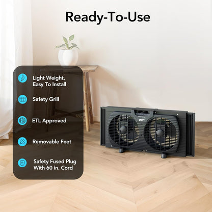 Comfort Zone Twin Window Fan with Reversible Airflow Control, 9 inch, Auto-Locking Expanders, 2 Speed Fan, Dual Fan, Exhaust, Airflow 9.84 ft/sec, Ideal for Home, Kitchen, Bedroom & Office, CZ319WT