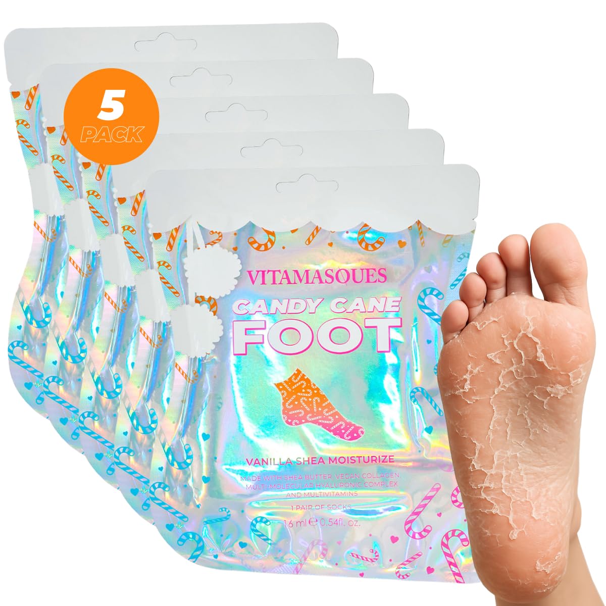 Vitamasques Foot Peeling Mask - 5 Pairs Professional Korean Exfoliating Foot Mask for Dry Cracked Feet & Callus Removal, Feet Peeling Masks that Remove Dead Skin for Soft Heels with AHA BHA PHA