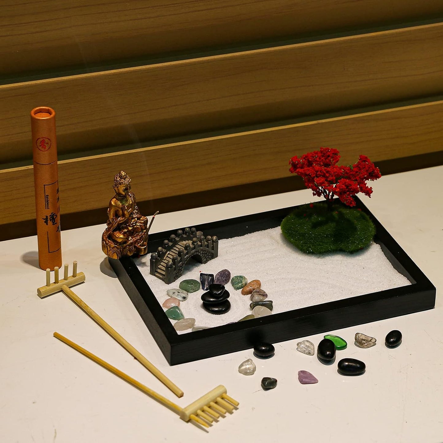 Mini Meditation Zen Garden Kit - Japanese Tabletop Rock Sand Chakra Buddha Garden Home Office Desk Decor Gifts for Father Mother Birthday - Sandbox w/Rake Tool Accessories
