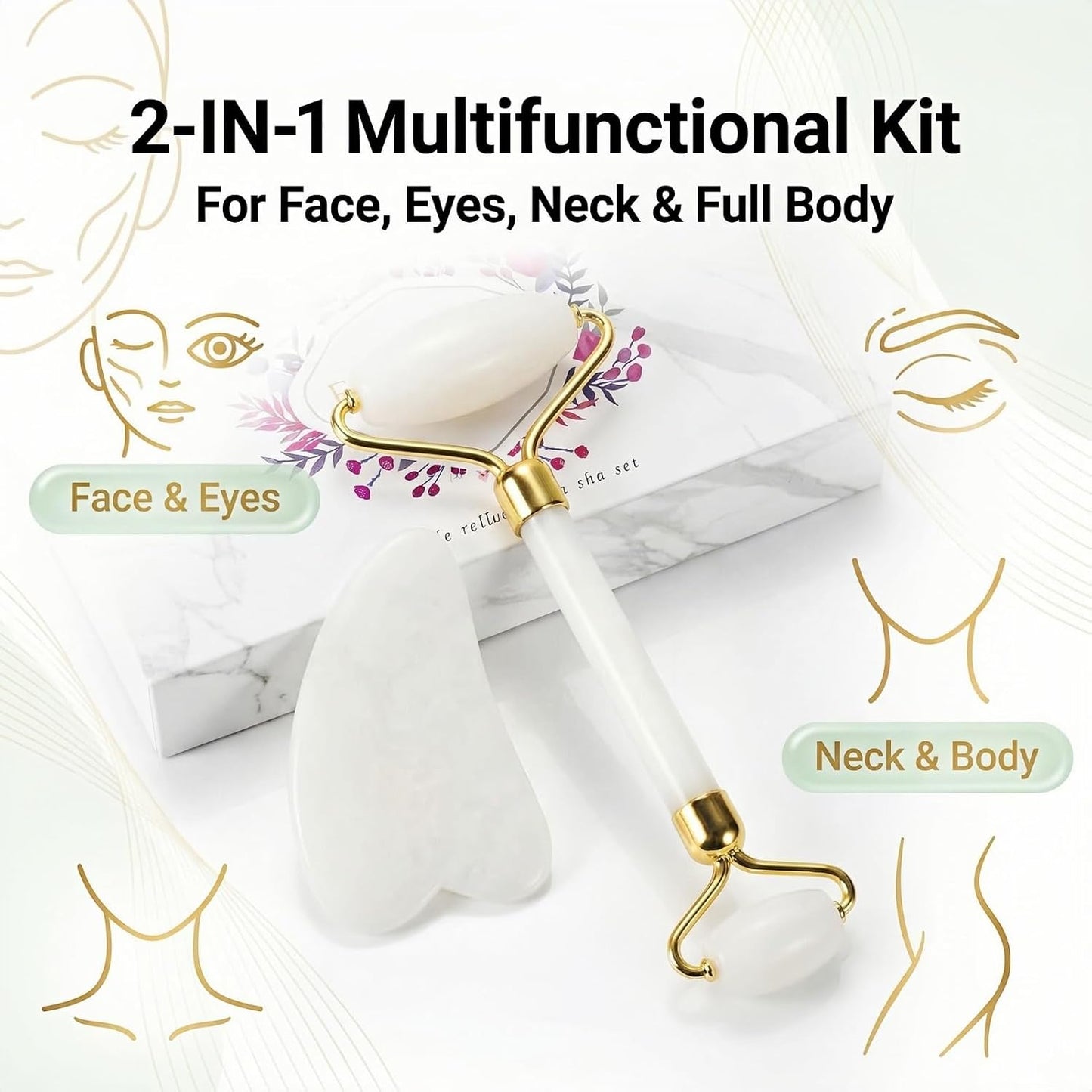 Natural Gua Sha & Jade Roller Set, Gua Sha Tool for Face & Body, Anti-Swelling Skin Tightening Home SPA Tool, Muscle Relief Safe Polished Jade, Self-Care Gift Set for Home Travel