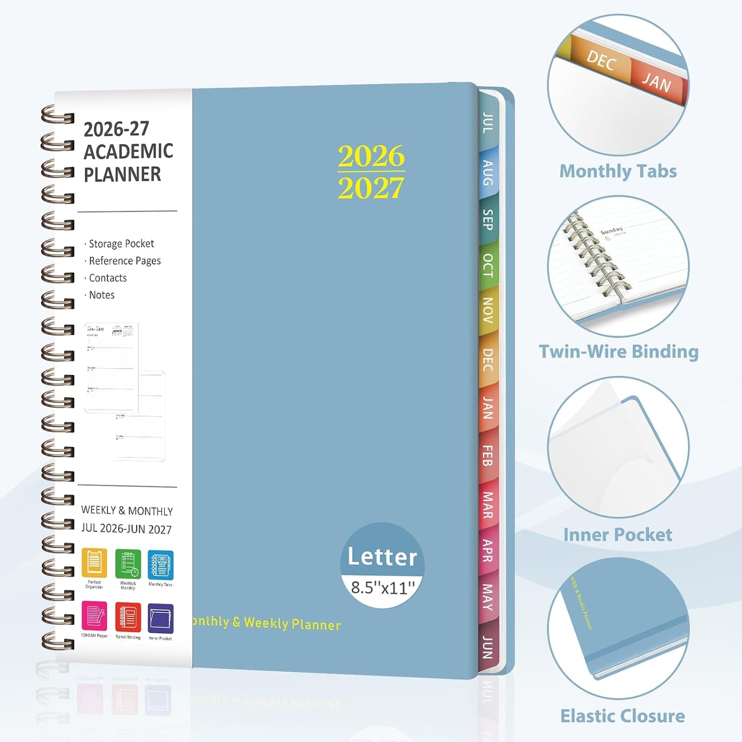 Planner 2026-2027, Weekly and Monthly Calendar Planner, JUL 2026 - JUN 2027 | A5(6.3'' x 8.5''), Hardcover, Agenda Book, Sprial Bound, Inner Pocket, Office and School Use