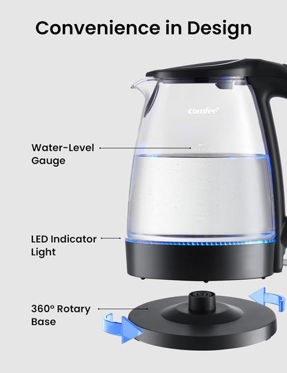 COMFEE' 1.7L Glass Tea Kettle and Kettle Water Boiler - Electric Kettle Temperature Control with 6 Presets, 2-Hr Keep Warm, Fast Heating, 304 Stainless Steel, Auto-Off and Boil-Dry Protection