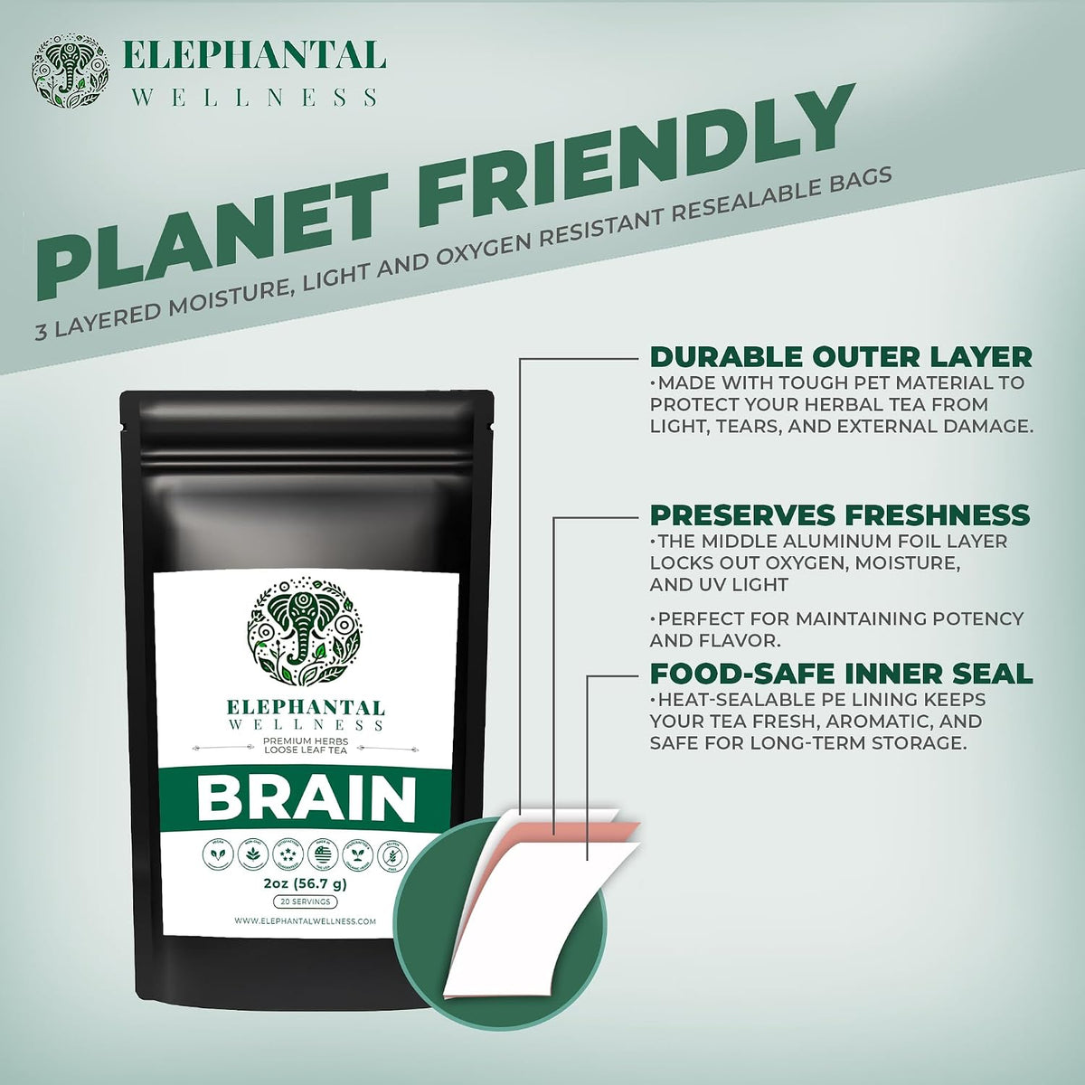 Elephantal Wellness Premium Brain Herbal Tea | Nootropic Focus & Mental Clarity with Ginkgo, Bacopa, Gotu Kola & Rosemary | Non-GMO, Caffeine-Free Coffee Alternative, Handmade Loose Leaf Blend, 2oz Loose Leaf, 20 Servings