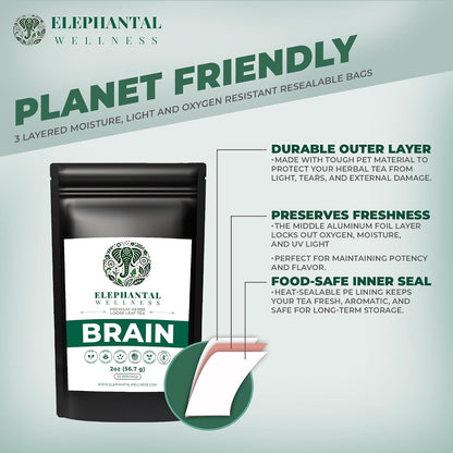 Elephantal Wellness Premium Brain Herbal Tea | Nootropic Focus & Mental Clarity with Ginkgo, Bacopa, Gotu Kola & Rosemary | Non-GMO, Caffeine-Free Coffee Alternative, Handmade Loose Leaf Blend, 2oz Loose Leaf, 20 Servings