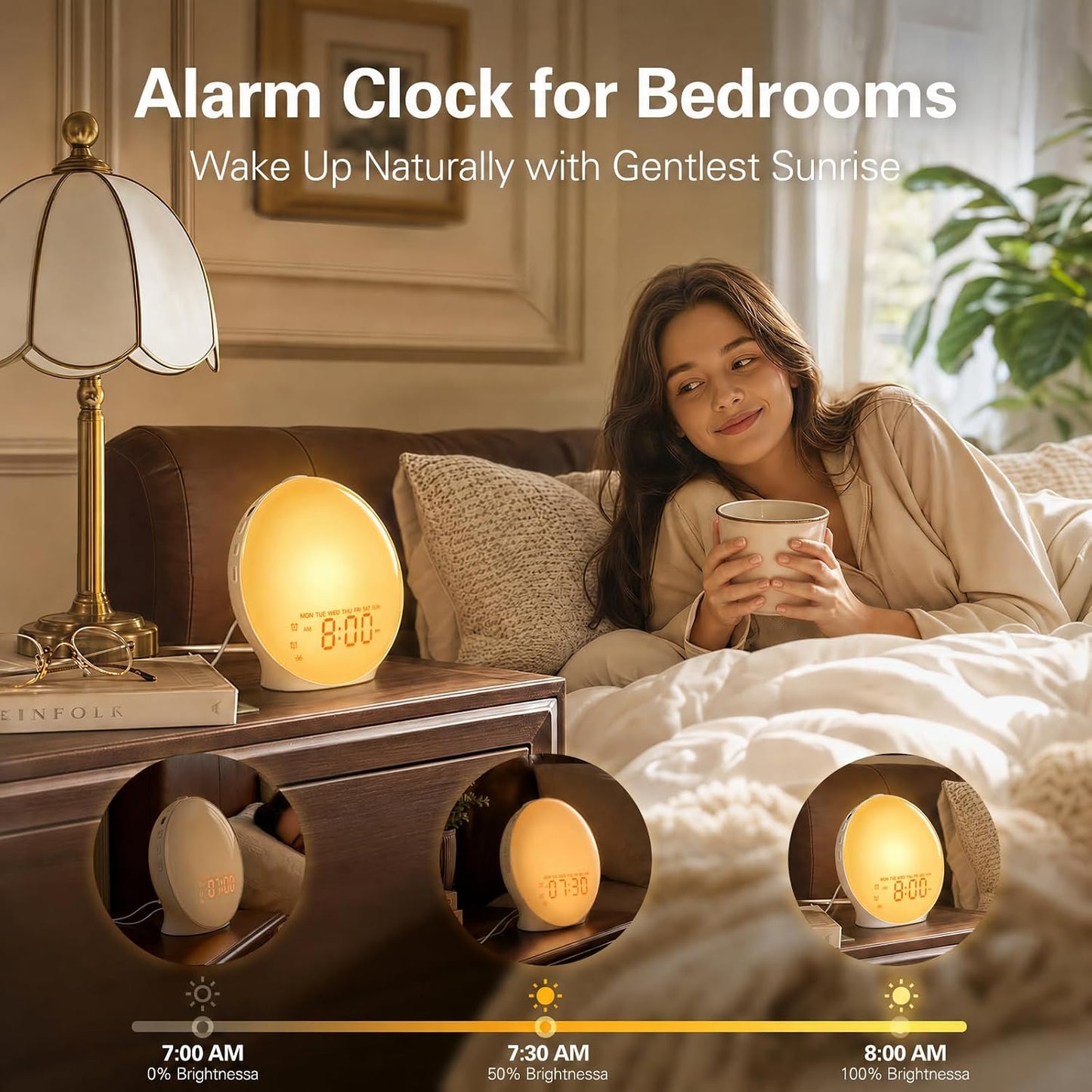 JALL Full-Screen Wake Up Light Sunrise Alarm Clocks for Bedrooms, White Noise Machine for Heavy Sleepers, 25 Natural Sounds, Dual Alarms, FM Radio, 17 Dimmable Colors, Bluetooth Speaker