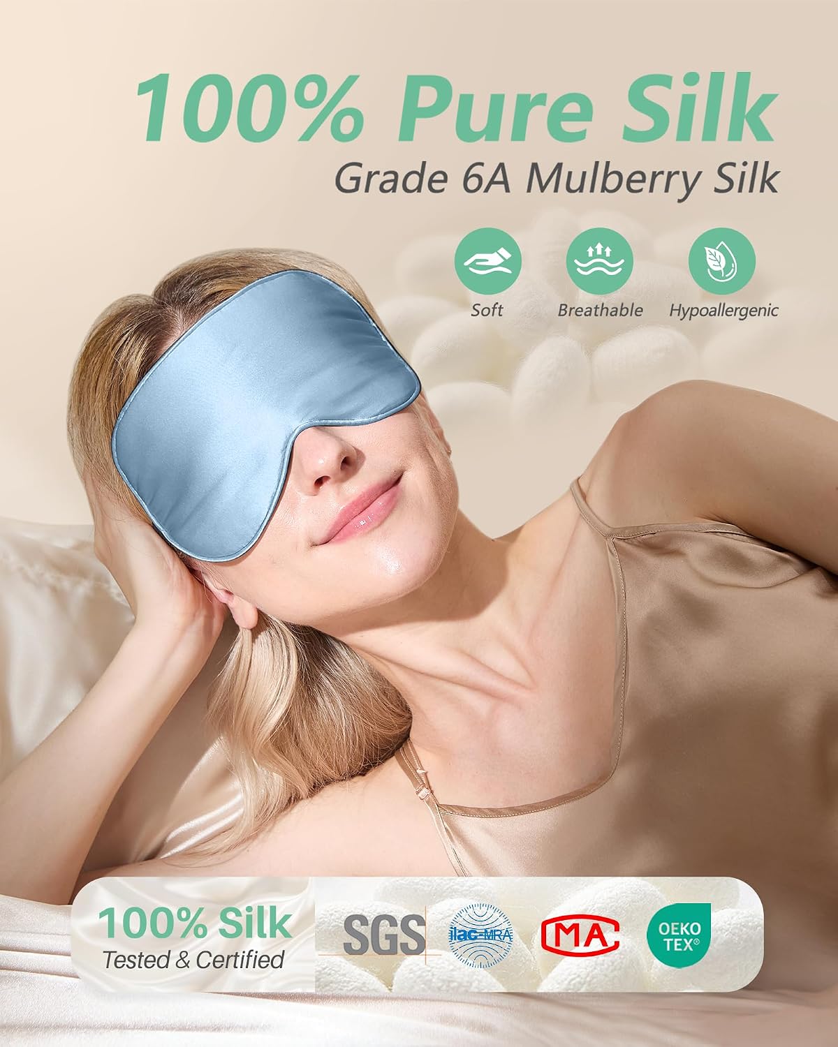 BeeVines 100% Real Mulberry Silk 2 Pack Sleep Mask, Natural Pure Silk Eye Masks with Adjustable Strap for Sleeping, Block Light Eye Sleep Shade Cover, Reduces Puffy Eyes Traveling Gifts