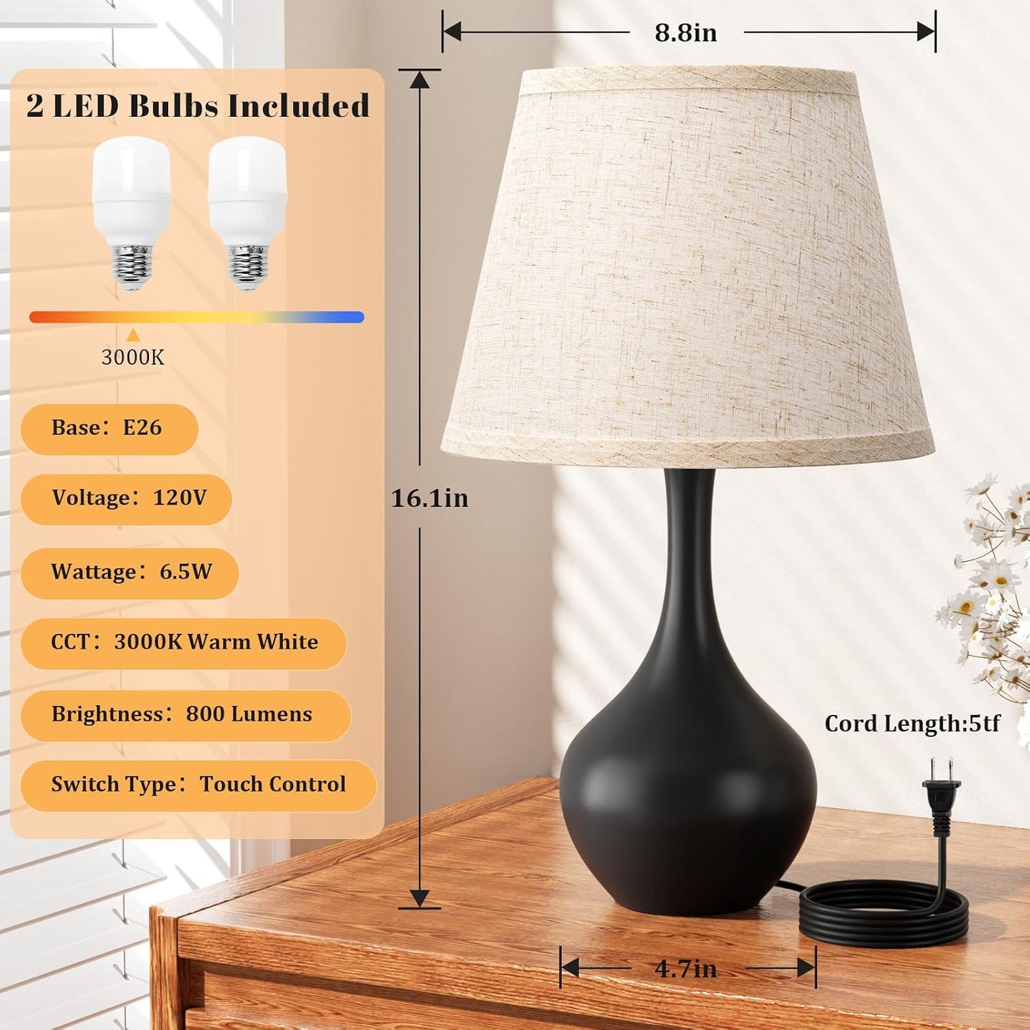Seealle 16.1" Touch Table Lamps for Nightstand, 3-Way Dimmable Small Bedroom Lamps for Night Stands, Black Bedside Lamps for Living Room, Kids Room, End Table