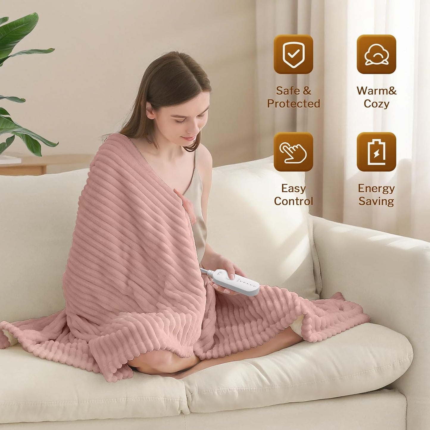 Reaks Electric Heated Throw Blanket, Silky Soft Flannel & Sherpa Heating Blanket Throw with 5 Heat Levels & 3 Hours Auto Off, Warm Gifts for Women Mom Grandma, ETL Certified (50x60 inches, White)